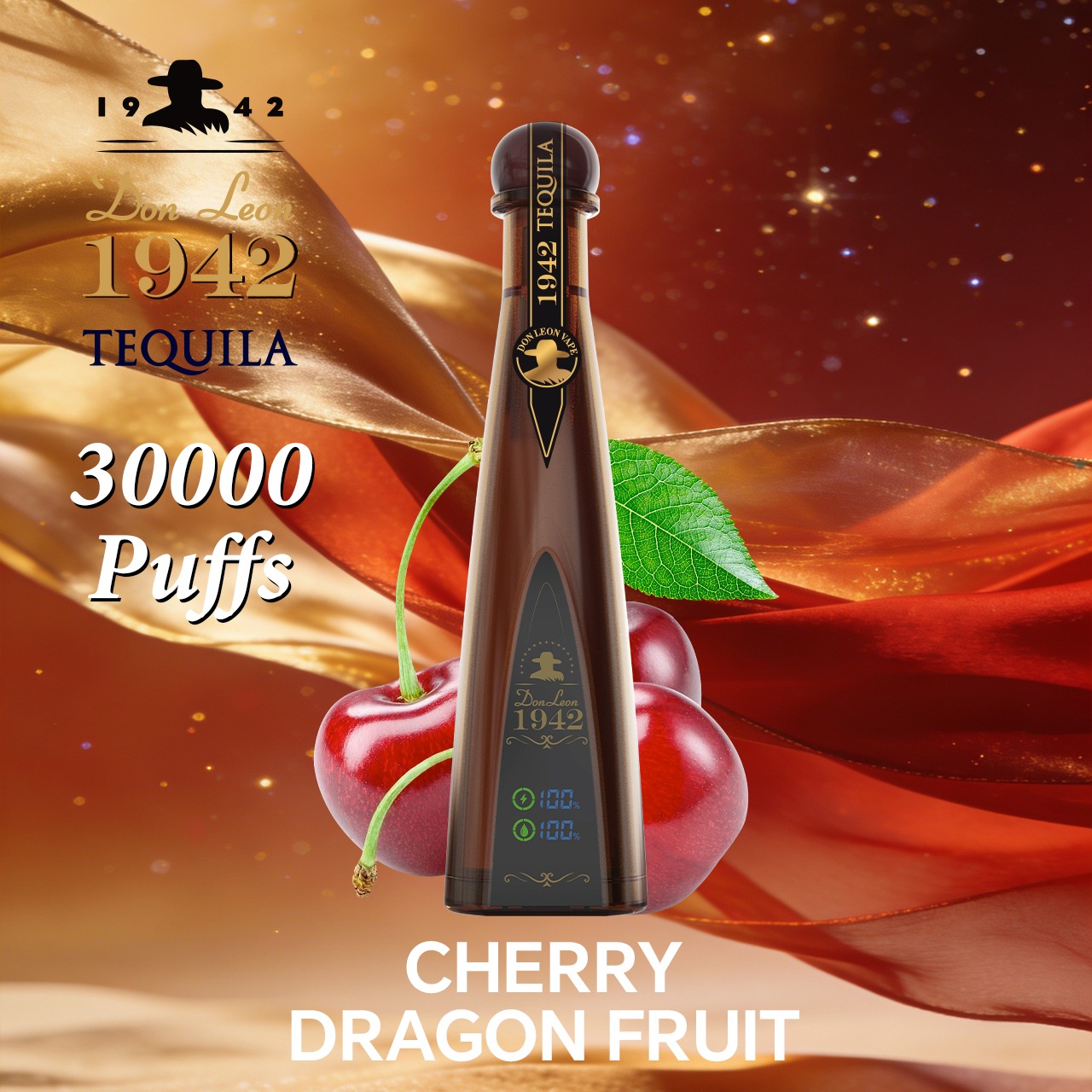 Cherry Dragon Fruit 30K Puffs Solaris Tequila Don Leon 1942 30000 Disposable Vape 1.2Ω Mesh Coil, 24ml E-Liquid